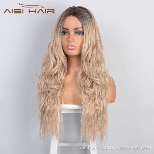 Aisi Hair Wholesale Cheap Vendor Ombre Blonde Body Wave Wigs Long Wavy Lace Frontal Wigs Synthetic Hair Wigs For Black Women